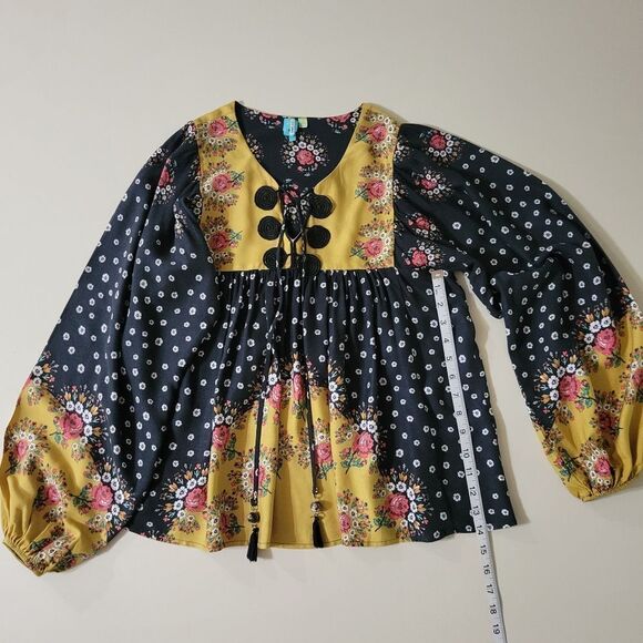 Farm Rio Intarsia Yellow and Black Floral Boho Long Sleeve Peasant Blouse - Picture 7 of 16